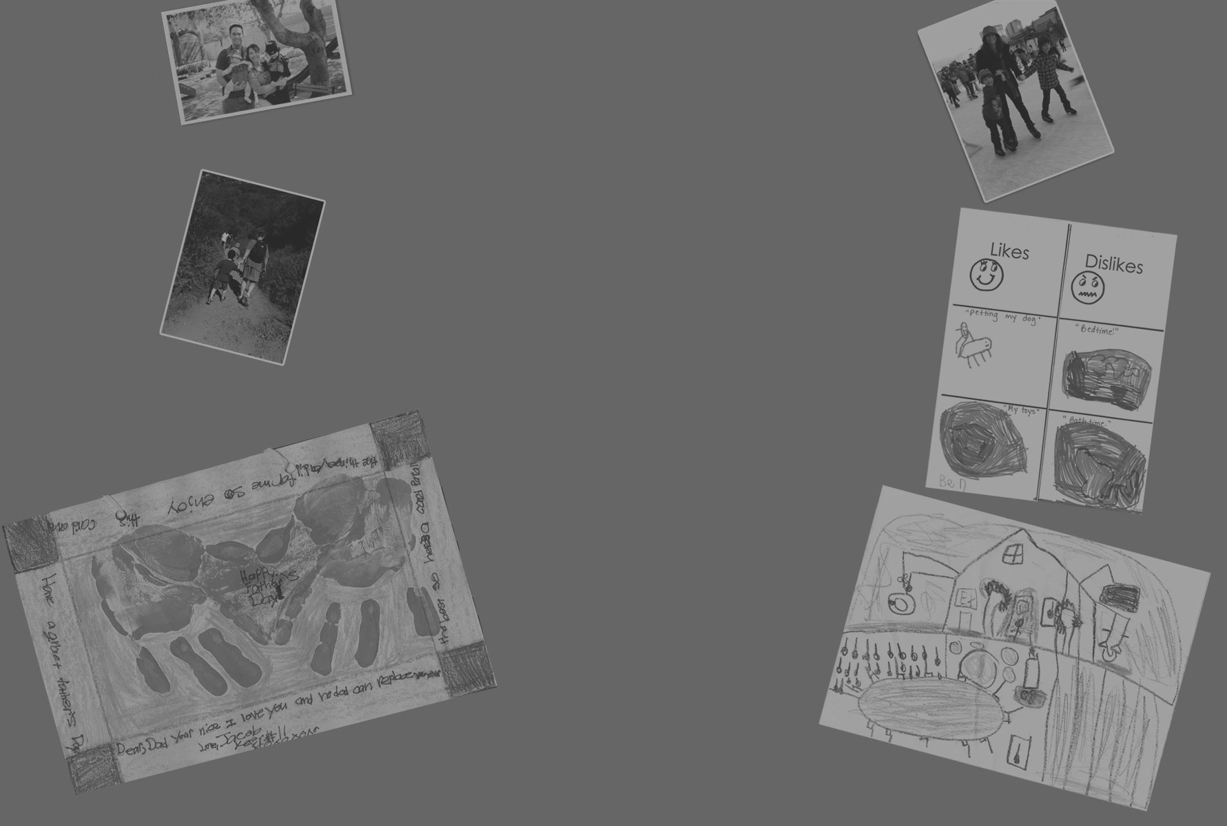 Family photographs and children’s drawings from the original site